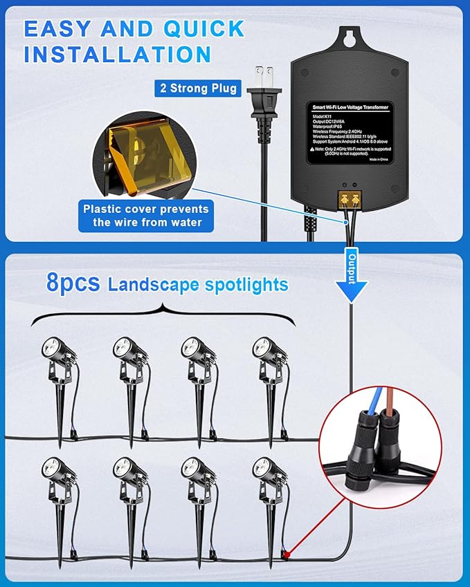 8-Pack Low Voltage Landscape Lighting Kit with WiFi 72W Transformer 3W LED Spotlights with 65ft Cable App and Voice Control 3000K Warm White 12-24V IP65 Outdoor Pathway Uplights