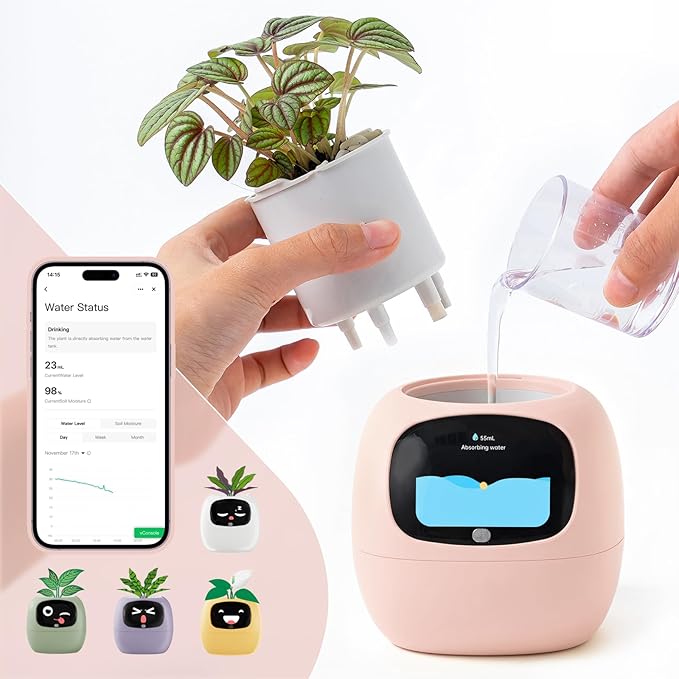 Smart Planter with App Control Self-Watering AI Plant Pot with LCD Display Interactive Desk Plant Companion for 100+ Plants Smart Indoor Planter with Pomodoro Timer80ml ReservoirCalendar-Pink
