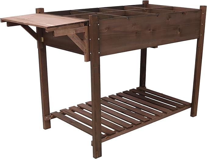 8-Pocket Raised Planter Box with Foldable Side Table and Storage Shelf for Herb Vegetable and Flower Planting in Dark Brown