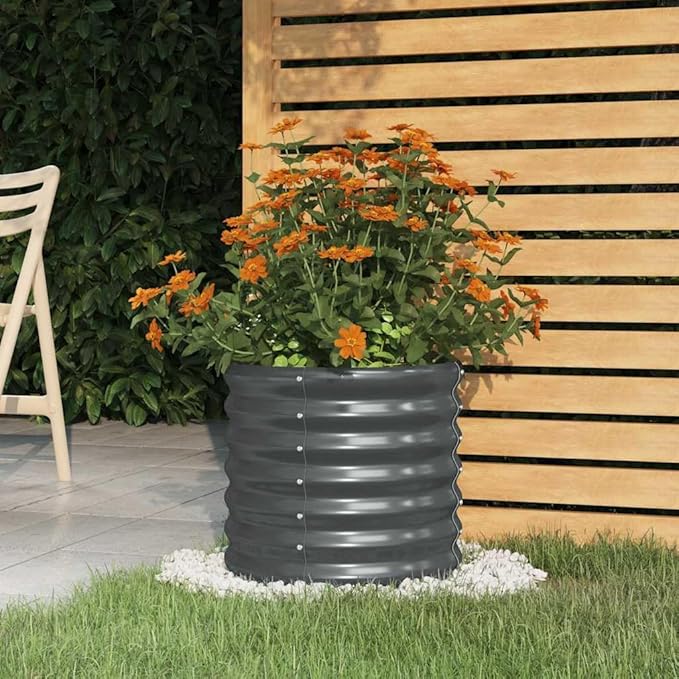 Anthracite Round Metal Planter 15.7 x 14.2 in Powder-Coated Steel Garden Pot Elevated Planter Box for Balcony Patio Indoor Outdoor