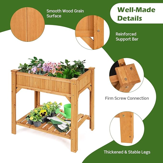 HAPPYGRILL 8-Grid Raised Garden Bed 36” Elevated Wood Planter Box with Liner &amp Shelf Removable Divider Drainage Holes Outdoor Gardening Bed with Legs for Backyard Patio