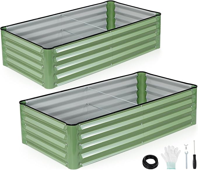 INNO STAGE Galvanized Raised Garden Bed Kits 4x2x1ft Metal Raised Garden Beds Outdoor Steel Raised Planter Bed with Gloves for Vegetables &amp Flowers Patio Ground Planter Box (Olive Green 2PCS)