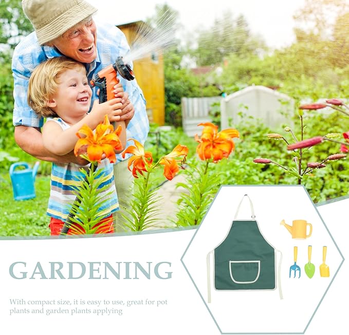 ’s Mini Garden Tool Set with Watering Can Shovel Rake and Solid Color Apron for Outdoor Planting and Flower Gardening Safe Gardening Supplies for Boys