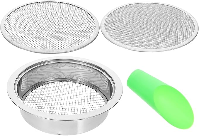 Stainless Steel Garden Soil Sifter Set with 1/3/6mm Mesh Screens and Plastic Shovel for Compost Dirt Sand Filtration – Gardening Tool for Home and Outdoor Use