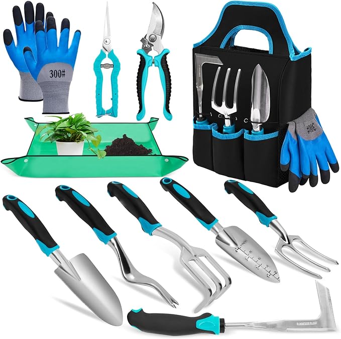 Garden Tool Set with Non Slip Rubber Grip11 Piece Stainless Steel Gardening Tool SetsHeavy Duty Outdoor Hand Tools KitDurable Tote BagRepotting matUprooting Weeding ToolIdeal Gifts for Women Men