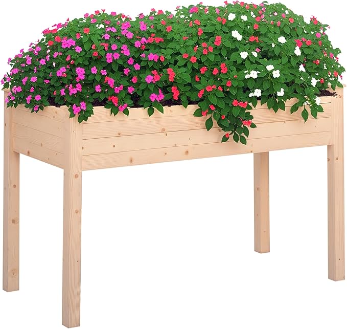 Outsunny Raised Garden Bed with Legs 48 x 22 x 30 Elevated Wooden Planter Box Self-Draining with Bed Liner for Vegetables Herbs and Flowers Backyard Patio Balcony Use Natural