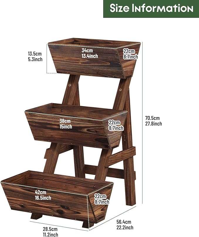 Vertical Wooden Raised Garden Bed Garden Planters Freestanding Wood Plant Stand Flower Rack Wooden Planter Box for Plants Herbs Flowers Vegetables Outdoor Indoor Gardening (3-Tier Small Carbonized)