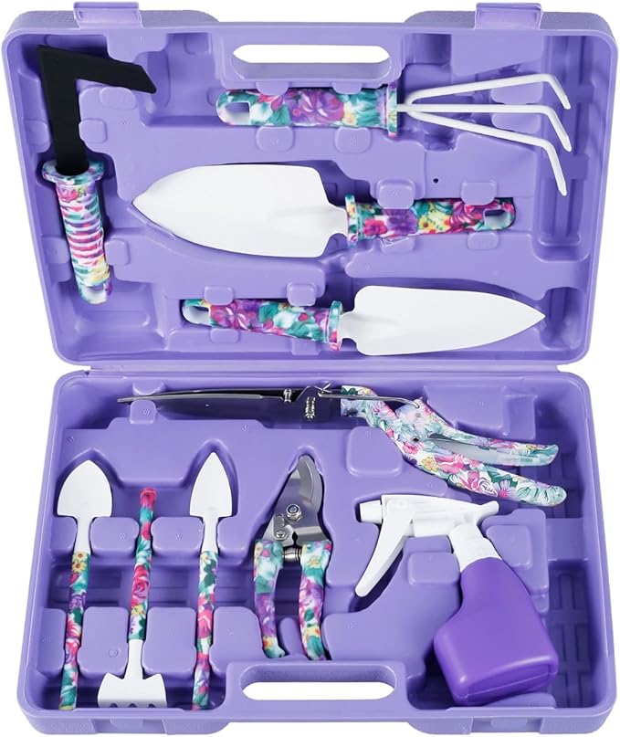 Garden Tool Sets Gardening Grandma Kid Gifts 10 Pieces Plant Hand Tool Sets with Purple Carrying Case for Men Gardener
