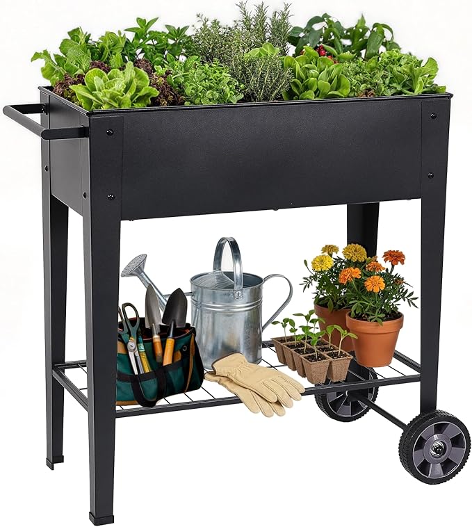 Elevated 32 Tall Raised Garden Bed with Legs and Wheels for Mobility Metal Planter Boxes Outdoor with Shelf Raised Bed for Gardening Vegetables/Herbs Backyard Patio Balcony Black