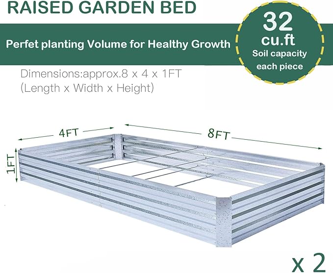Galvanized Raised Garden Beds for Vegetables Large Metal Planter Box Steel Kit Flower Herb (8 x 4 x 1 ft * 2 Pack Galvanized)