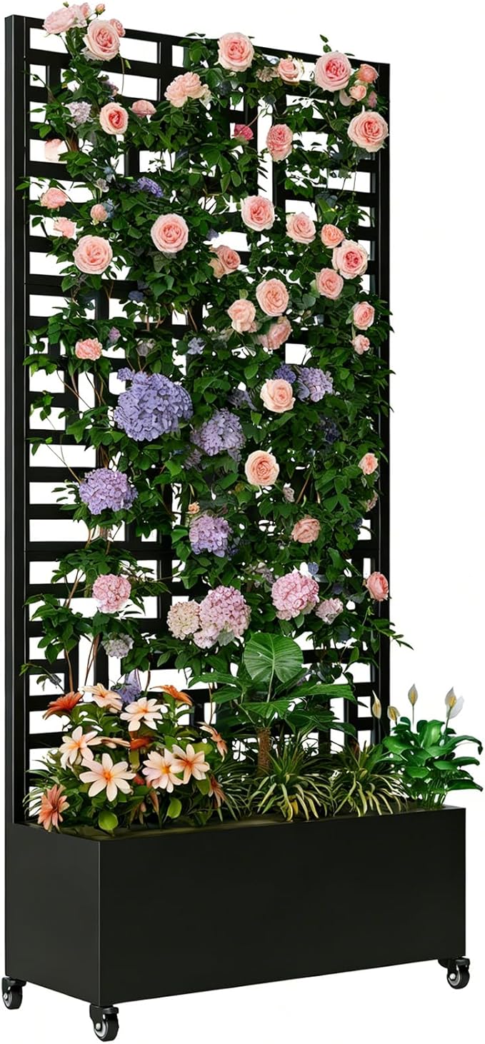 Sturdy 47x16x73 Inch Galvanized Steel Raised Garden Bed with Trellis Metal Planter Box on Wheels for Patio Privacy Screen 12 Inch Deep Root Mobile Vertical Garden Planter for Climbing Plants (M1)