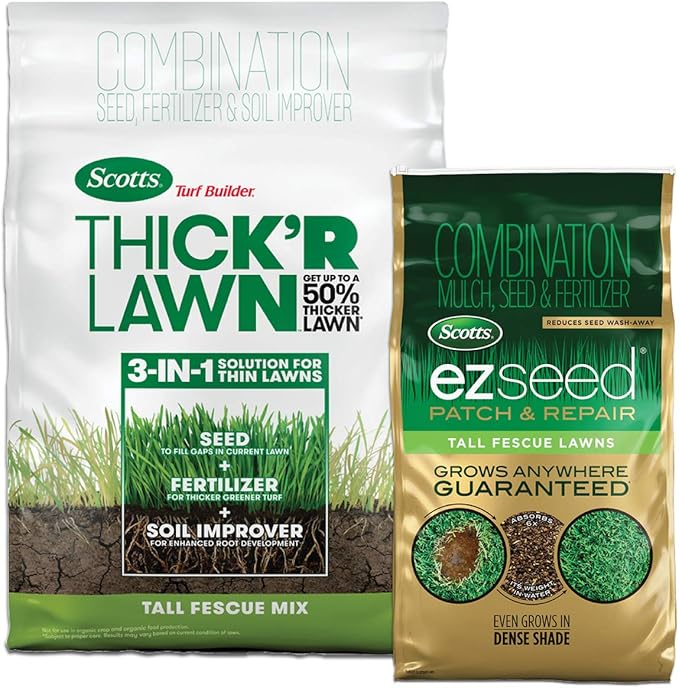 Scotts Turf Builder THICK'R LAWN and EZ Seed Patch &amp Repair for Tall Fescue Grass Seed Fertilizer and Soil Improver Bundle