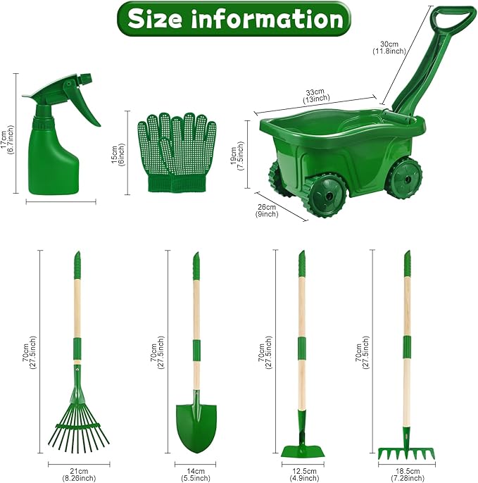 Duckura Kids Gardening Tools Set - 7pcs Wheelbarrow Set for Kids with Shovel Rake Leaf Rake Summer Outdoor Yard Digging Weed Birthday Gifts Toys Easter for Boys Girls Age 2 3+ Years(Green)