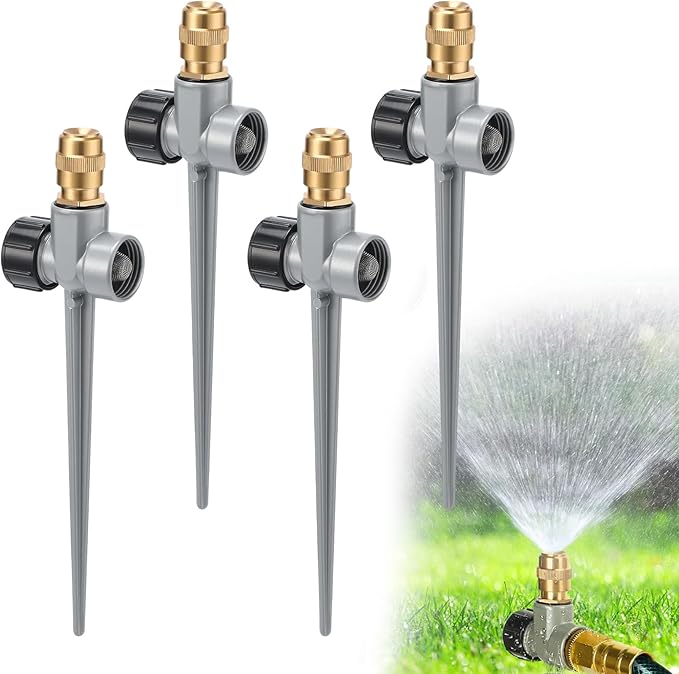 4 Pack Metal Lawn Sprinklers for Yard - 360° Coverage Water Sprinklers Adjustable Brass Nozzle with Aluminum Alloy Spike Base for Medium Garden Irrigation