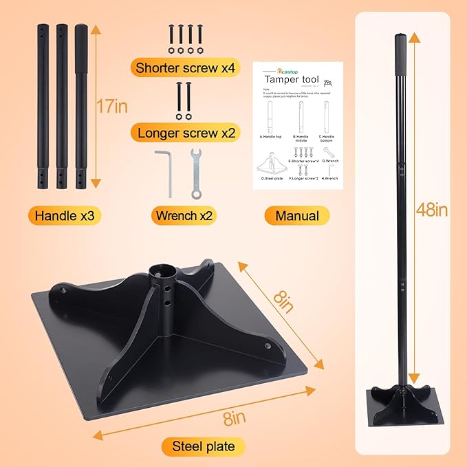 Heavy-Duty Steel Tamper 8x8 Inch Laborsaving Ergonomic Hand Soil Tamper Garden Landscaping Tool for Ground &amp Gravel Leveling Dirt Compactor 48 Inches Total
