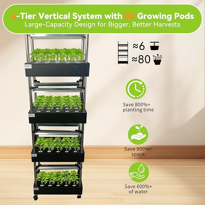 Compact 4-Tier Hydroponics Growing System Kit 80 Pods Vertical Indoor Garden with Full-Spectrum LED Grow Light Auto-Circulating Water Pump 25.5L Indoor System for Herbs &amp Microgreens