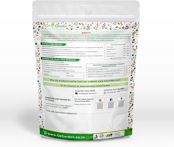 Go Garden MKP (Mono Potassium Phosphate) NPK 00 52 34 Fertilizers for Plants Garden &amp All Crops 900 G | Water Soluble Foliar Spray Nutrition