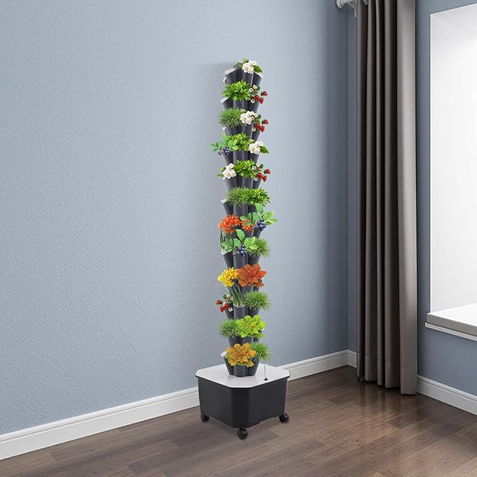 Hydroponic Towers Growing System 12 Layer 60 Pods Hydroponic Grow Towers Kit Vertical Garden System Aquaponics Growing System Garden Aeroponic Growing Kit for Vegetable Strawberries (Black Grey)