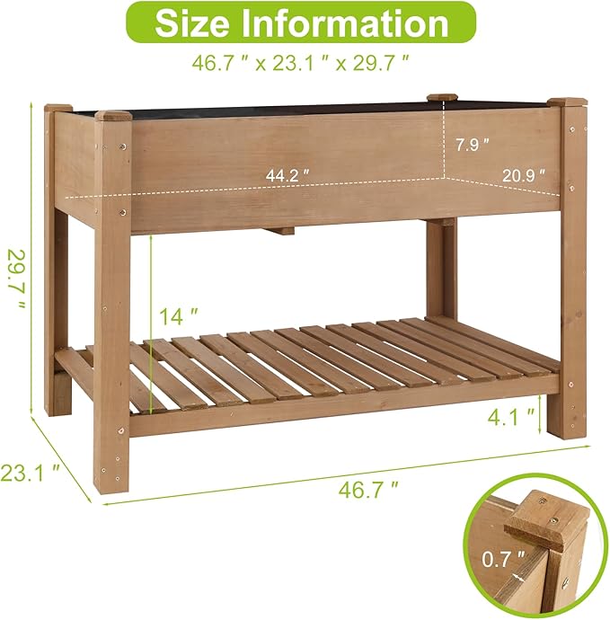 Raised Garden Bed with Legs - Elevated Wooden Planter Box Durable Fir Wood Reinforced Frame with Drainage Holes Liner and Storage Shelf for Vegetables Herbs Flowers 47 x 23 x 30