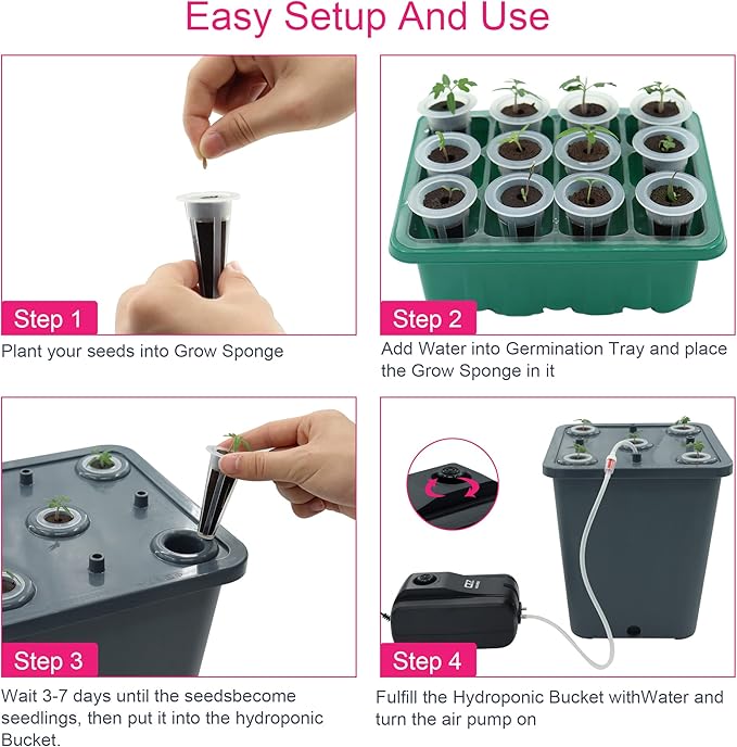 2 Hydroponic Buckets Kit for Plants Hydroponics Growing System for Herbs/Tomato/Vegetables DWC System with Air Pump &amp Germination Tray (Complete Indoor Hydroponic Gardening Supplies)