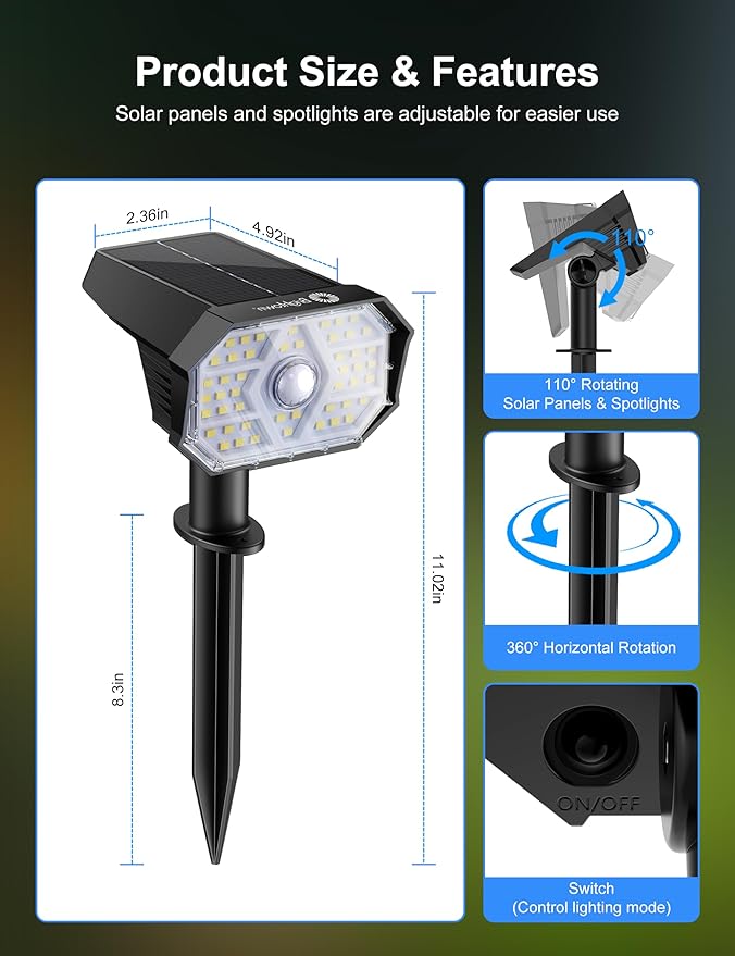 Brightown 6 Pack Solar Motion Lights Outdoor Waterproof Motion Sensor Spot Lights- 58 LED/3 Modes Solar Powered Spotlights 2-in-1 Auto On/Off for Outside Yard Wall Garden Cool White