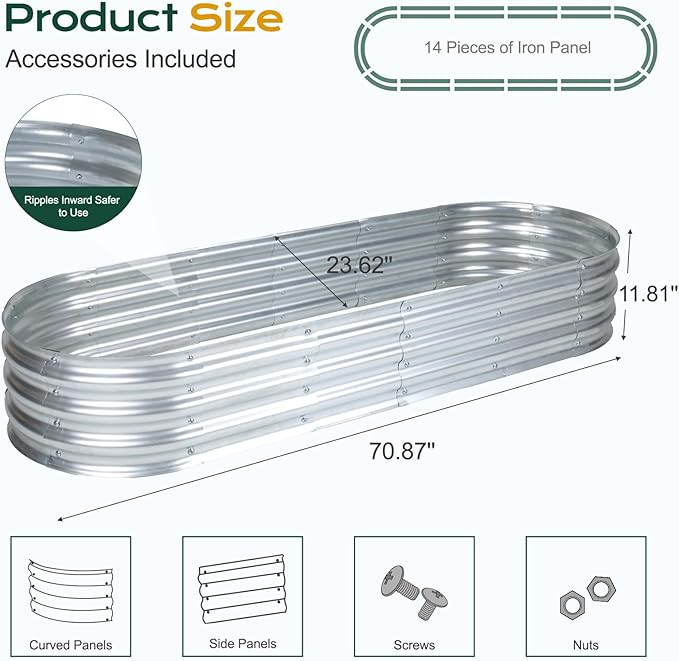 Aoodor Galvanized Raised Garden Bed Kit 6 x 2 x 1 Ft Oval Planter Boxes for Vegetables Flowers and Herbs Outdoor Use Silver