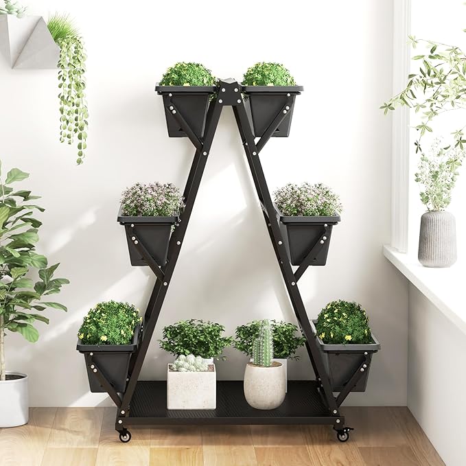 Giantex 6-Tier Rolling Raised Garden Bed Vertical Planter Stand on Wheels with 6 Garden Boxes Storage Shelf Indoor Outdoor Freestanding Raised Beds for Flower Strawberry Vegetable Herb