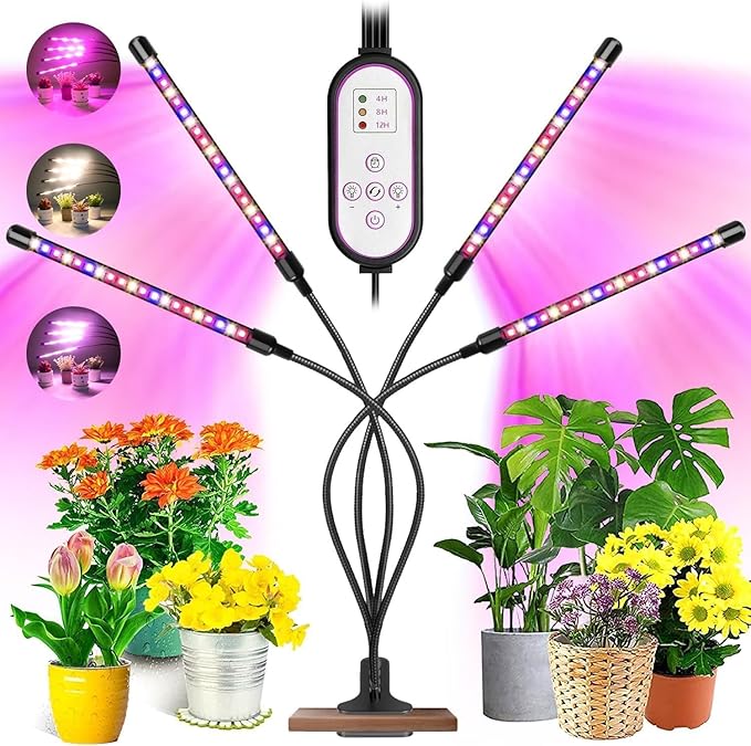 LED Grow Light 4-Head Plant Growing Lamp with Timer 9 Dimming Levels 3 Light Modes USB Powered Flexible Gooseneck (Warm Light)
