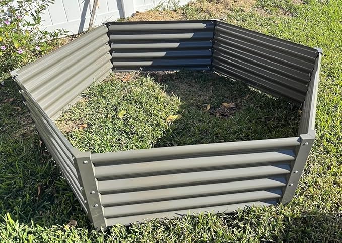 A ANLEOLIFE Hexagon Galvanized Metal Raised Garden Bed Outdoor 70x60x18in Deep Metal Planter Box for Flowers Herbs &amp Vegetables 18'' Tall Decorative Raised Bed Quartz Grey
