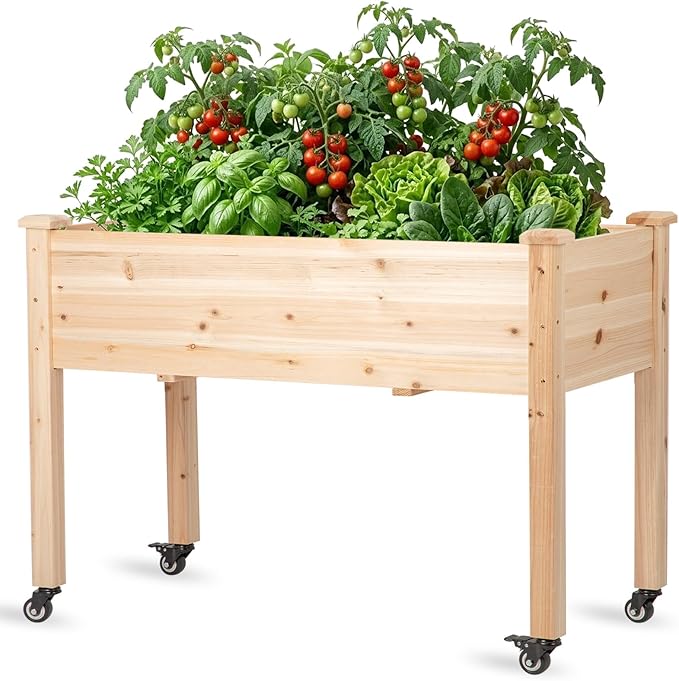 Raised Garden Bed with Lockable Wheels 48x24x32 inch Elevated Wood Planter with Protective Liner for Vegetable Flower Herb Outdoor Balcony Patio Backyard Natural