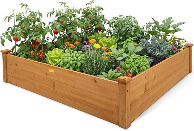 Hollyone 48 X 48 inches Wood Raised Garden Bed Frame Planters Wooden Elevated Planting Planter Box for Outdoor Herb Vegetables Flowers Grass Lawn Yard Patio - Natural Brown 4×4ft