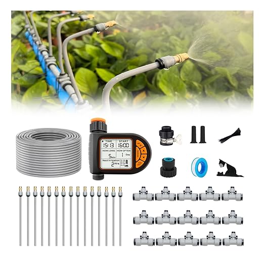 New Drip Irrigation KitsQuick Connector Automatic Irrigation Systemwith Replaceable Bending Dropperatomizing Copper Nozzle for Watering System for Garden Plant Lawn Patio. (20M+Timer)