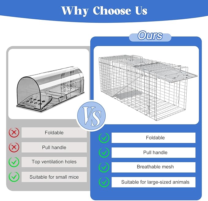 Humane Live Animal Trap Heavy Duty Folding Raccoon Traps Cage for Cat Squirrel Skunk Raccoon Fox Catch and Release Large Size 31.1 * 11 * 12.6 Inch