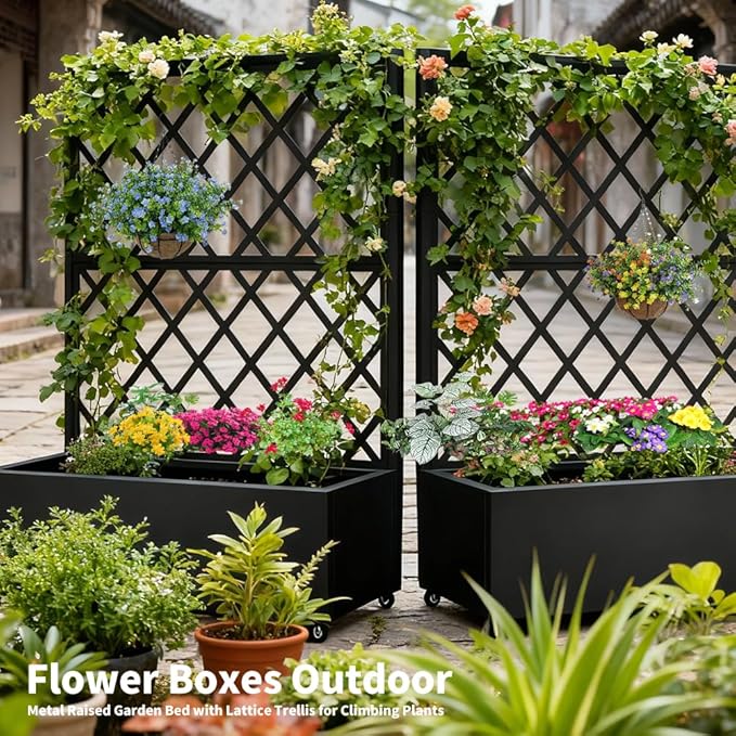 Metal Planter Box with Privacy Screen TrellisGalvanized Raised Garden Bed On Wheels for Climbing Plants Vines Standing Garden Flower Bed with Drainage Holes (Black 35 L x16 W x 55 H)