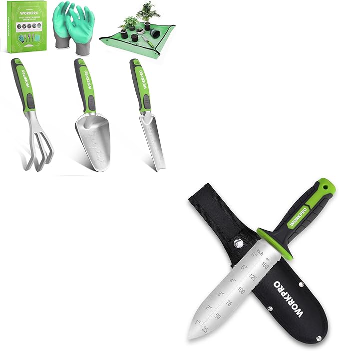 WORKPRO 5PCS Garden Tool Set with Hori Hori Garden Knife Set Gardening Tool Set with Repotting Mat 7 Stainless Steel Blade with Cutting Edge Ideal Gardening Gift