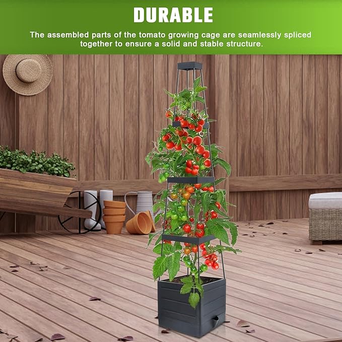 Raised Garden Bed with Trellis - Self-Watering Planter Box for Tomatoes Vegetables &amp Flowers Weather-Resistant for Patio &amp Greenhouse