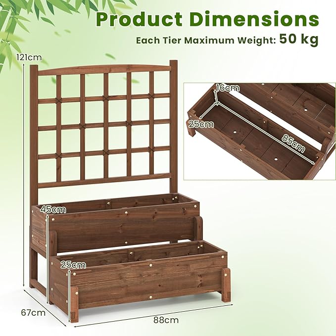 Planter Box with Trellis Set of 2 2-Tier Wood Garden Freestanding Elevated Planter with Legs Drainage Holes for Vine Climbing Plants Flowers Raised Garden Bed for Garden Patio Yard