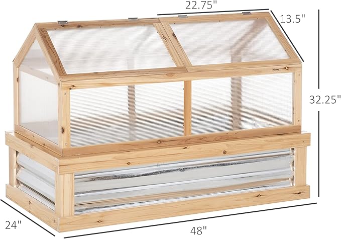 Outsunny 48x24 Raised Garden Bed with Polycarbonate Greenhouse Cover Wooden Cold Frame &amp Planter Box for Vegetables Flowers Herbs Outdoor Use Natural