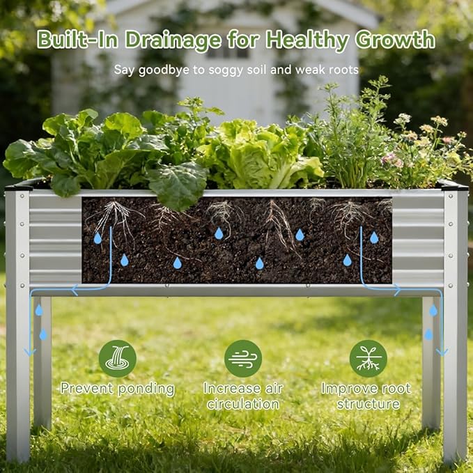 COMHOMA 2 Pack Raised Garden Bed with Legs 4x2x2.5ftLarge Elevated Galvanized Metal Planter Box with Drainage HolesOutdoor Growing Kit with Gloves Tools for Backyard Patio LawnSliver