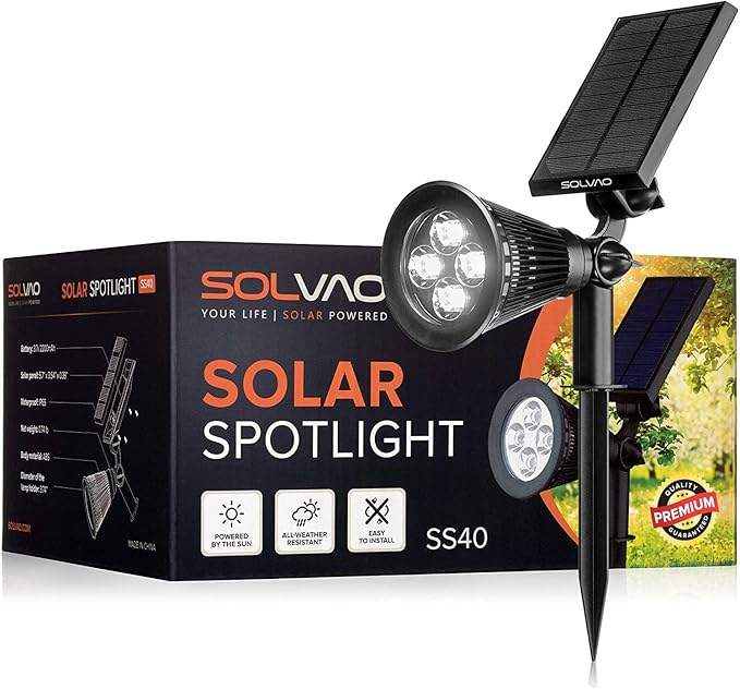 SOLVAO Solar Spot Light | Ultra Bright Waterproof Adjustable 270° No Wiring Portable | Auto On/Off Function | Rechargeable LED for Outdoor Landscape Wall Fence Yard Driveway Outside