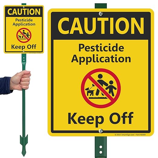 SmartSign 12 x 10 inch “Caution - Pesticide Application Keep Off” LawnBoss Yard Sign with 3 foot Stake 40 mil Laminated Rustproof Aluminum Red Black and Yellow Set of 1 Made in USA