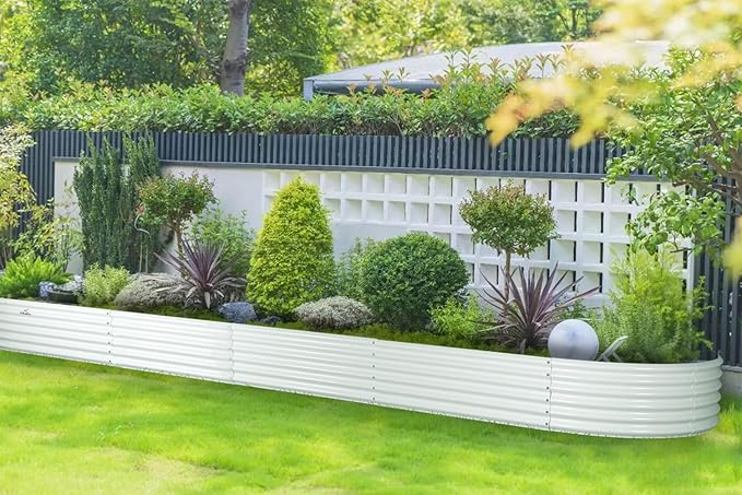 A ANLEOLIFE 12X3X1.5 ft Galvanized Raised Garden Beds Outdoor Oval Extra Large Metal Planter Box for Planting Vegetables Flowers Herb Anti-Rust &amp Easy-Setup Antique White