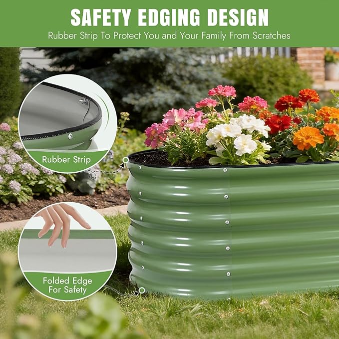 INNO STAGE Galvanized Raised Garden Bed Kits 8x2x1.4FT Metal Raised Garden Beds Outdoor 17'' Tall Large Steel Raised Planter Bed for Vegetables &amp Flowers Patio Ground Planter Box (Olive Green 2