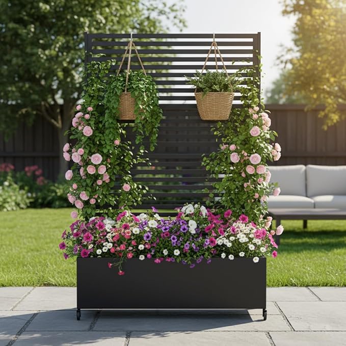 Metal Planter Box with Trellis Privacy Screen Raised Garden Bed with Trellis &amp Wheels Privacy Planters for Patio Planter Box with Drainage Holes for Climbing Plants 73x 47x 16 Black