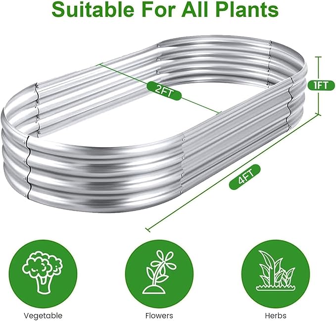AHEONLAR 2 Pack 4x2x1ft Galvanized Raised Garden Bed Kit Oval Large Metal Planter Box Sturdy and Durable Garden Boxes Outdoor Raised for Vegetables Fruits Flowers and Herbs(Silver)