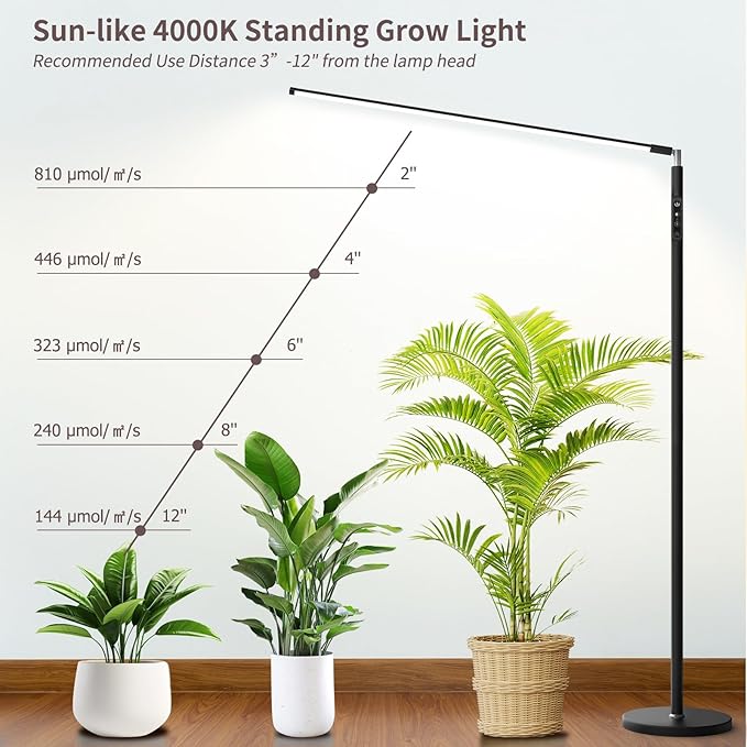 STERREN Plant Floor Lamp for Indoor Plants Full Spectrum LED Grow Light with 4/8/12H Timer Dimmable Black Plant Light with Stand Rotary Tall Grow Lights Head Adjustable 4000K