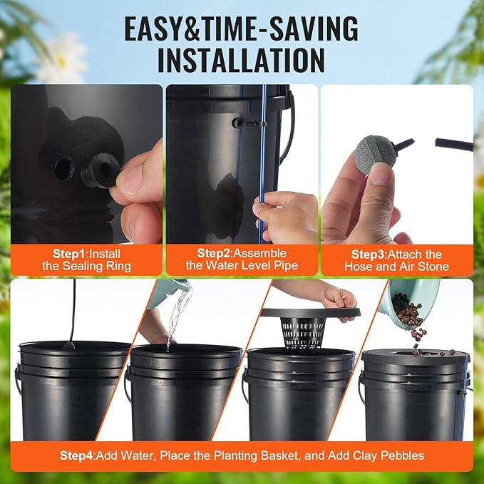 DWC Hydroponic System 5 Gallon 4 Buckets Deep Water Culture Growing Bucket Hydroponics Grow Kit with Pump Air Stone and Water Level Device for Indoor/Outdoor Leafy Vegetables