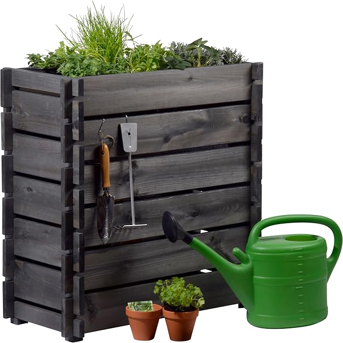 Raised Bed with Plug-in System Planter with Plant Film 79 x 37 x 79 cm Pine Wood Charcoal