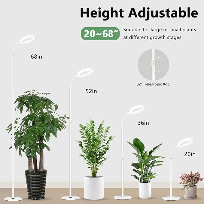 Grow Light for Indoor Plants Full Spectrum LED Halo Plant Lights with Stand Floor Standing Growing Lamp with Adjustable HeightAuto Timer for Tall Large Plant (20W-White)