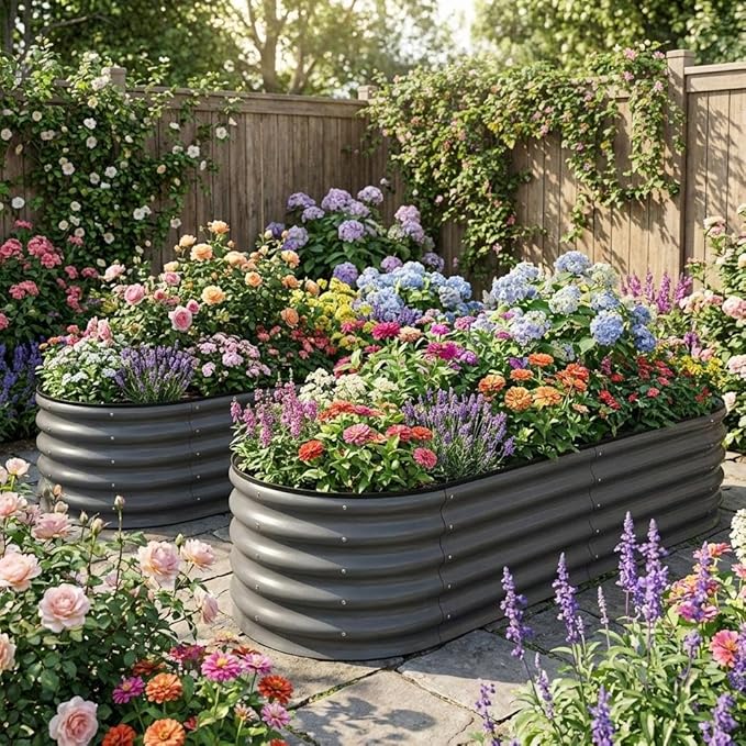 Galvanized Steel Raised Garden Beds 2-Pack 4.5x2x1.5FT Oval Outdoor Metal Planter Boxes with Open Base and Safety Edge Tool-Free Assembly Weather-Resistant for Vegetables Flowers Herbs Dark Gray